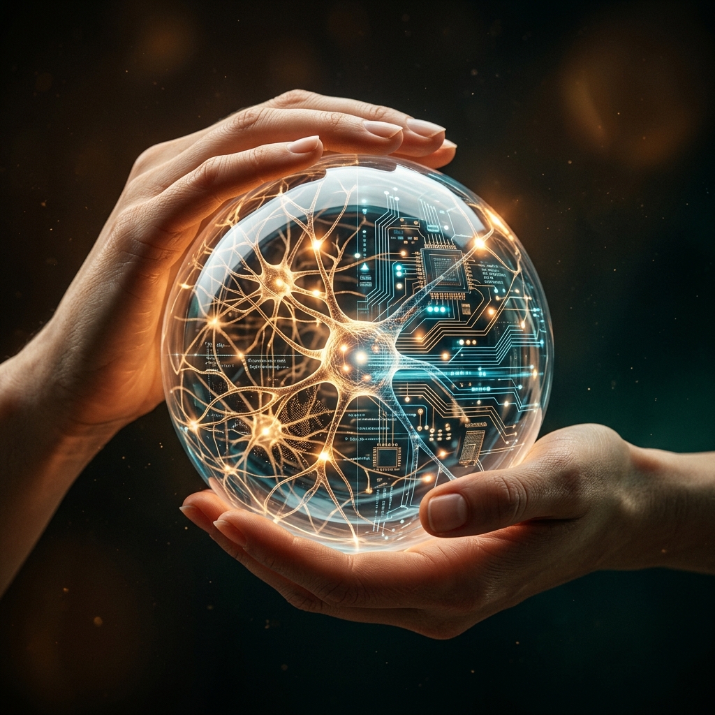 Hands Cradling Human-Centric AI Sphere